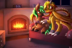 Size: 3000x2000 | Tagged: safe, artist:shad0w-galaxy, derpibooru import, oc, oc:grit, oc:jaeger sylva, unofficial characters only, earth pony, original species, pony, book, clock, commission, fireplace, high res, male, sitting, smiling