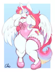 Size: 893x1155 | Tagged: alicorn, alicorn oc, anthro, anthro oc, arm hooves, artist:nekocrispy, blushing, bottom heavy, breast fluff, chest fluff, choker, chubby, clothes, crossdressing, curved horn, derpibooru import, femboy, garter, high heels, horn, impossibly large hips, male, oc, oc:nekonin, one-piece swimsuit, shoes, suggestive, swimsuit, trap, unofficial characters only, wide hips, wings