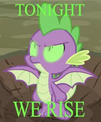 Size: 640x768 | Tagged: badass, derpibooru import, dragon, edit, edited screencap, editor:undeadponysoldier, fist, glowing eyes, green eyes, male, molt down, rise, safe, screencap, skillet (band), solo, song reference, spike, spread wings, text, winged spike, wings, word art