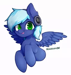 Size: 872x916 | Tagged: safe, artist:occultusion, derpibooru import, oc, oc:moonlight drop, pegasus, pony, blue coat, blue mane, cute, green eyes, headphones, simple background, solo, tongue out, white background, wings