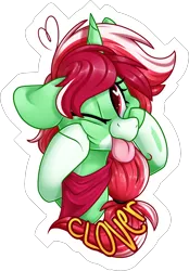 Size: 1418x2035 | Tagged: safe, artist:mulberrytarthorse, derpibooru import, oc, oc:clover, unofficial characters only, pony, badge, bust, clover, female, solo, tongue out