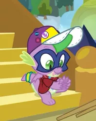 Size: 293x371 | Tagged: safe, derpibooru import, screencap, humdrum, spike, dragon, dragon dropped, baby, baby dragon, cap, claws, clothes, cropped, feet, folded wings, hat, looking down, mask, power ponies, slit eyes, tail, tail band, toes, tongue out, underfoot, wiggling toes, winged spike, wings