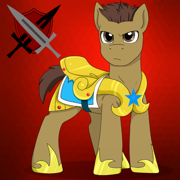 Size: 626x626 | Tagged: armor, artist:hc4art, brown eyes, brown mane, commission, cutie mark, derpibooru import, male, oc, oc:shield inv, red background, royal guard, royal guard armor, safe, simple background, stallion, sword, weapon