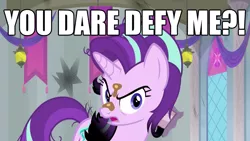 Size: 1845x1038 | Tagged: safe, derpibooru import, edit, edited screencap, screencap, starlight glimmer, pony, a horse shoe-in, angry, burnt mane, frollo, hunchback of notre dame, mud, text edit, this will end in gulag