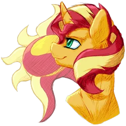 Size: 894x893 | Tagged: safe, artist:thatonegib, derpibooru import, sunset shimmer, unicorn, bust, cutie mark, cutie mark background, female, looking away, looking up, mare, multicolored hair, portrait, signature, simple background, smiling, solo, transparent background