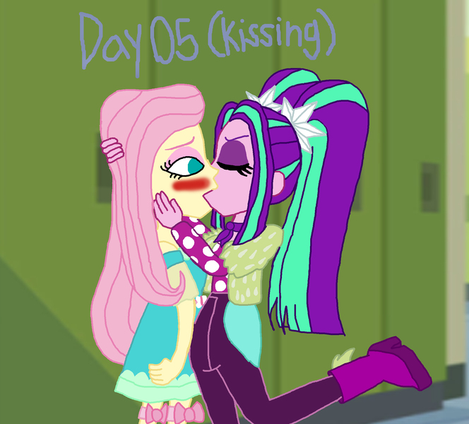 Size: 2000x1808 | Tagged: safe, artist:bigpurplemuppet99, derpibooru import, aria blaze, fluttershy, equestria girls, 30 day otp challenge, ariashy, female, flutterblaze, kissing, lesbian, shipping