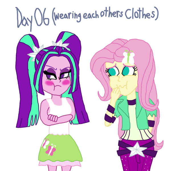 Size: 2000x2000 | Tagged: safe, artist:bigpurplemuppet99, derpibooru import, aria blaze, fluttershy, equestria girls, 30 day otp challenge, ariashy, blushing, clothes swap, female, flutterblaze, lesbian, shipping