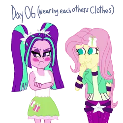 Size: 2000x2000 | Tagged: safe, artist:bigpurplemuppet99, derpibooru import, aria blaze, fluttershy, equestria girls, 30 day otp challenge, ariashy, blushing, clothes swap, female, flutterblaze, lesbian, shipping