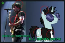 Size: 798x534 | Tagged: safe, derpibooru import, neon lights, rising star, human, pony, unicorn, billie joe armstrong, circle, clothes, green day, green day logo, guitar, irl, irl human, male, microphone, musical instrument, necktie, photo, pun, punny name, stallion, sunglasses, tattoo