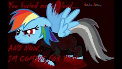 Size: 1280x720 | Tagged: artist needed, semi-grimdark, derpibooru import, rainbow dash, pegasus, pony, fanfic:rainbow factory, blood, breaking benjamin, clothes, eye scar, female, i will not bow, link in source, mare, scar, solo, song reference, spread wings, wings, youtube link