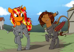 Size: 1500x1050 | Tagged: safe, artist:sinrar, derpibooru import, oc, oc:amber shield, oc:tabby, hybrid, pony, unicorn, armor, commission, sword, weapon