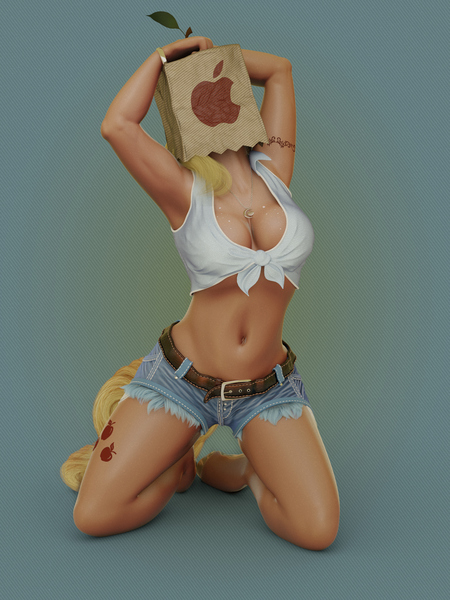 Size: 2048x2730 | Tagged: anthro, applejack, armpits, artist:v747, breasts, busty applejack, clothes, derpibooru import, female, kneeling, paper bag, solo, solo female, suggestive, unguligrade anthro