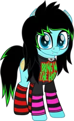 Size: 775x1268 | Tagged: safe, artist:lightningbolt, derpibooru import, oc, oc:scene chick, unofficial characters only, earth pony, pony, .svg available, arm warmers, clothes, dyed mane, dyed tail, ear piercing, earring, eyeliner, female, happy, jewelry, looking at you, makeup, mare, movie accurate, necklace, nose piercing, piercing, scene, shirt, simple background, smiling, snake bites, socks, solo, striped socks, svg, t-shirt, transparent background, vector