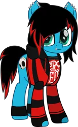 Size: 730x1185 | Tagged: safe, artist:lightningbolt, derpibooru import, oc, oc:emo lad, unofficial characters only, pony, .svg available, bridge piercing, clothes, dyed mane, dyed tail, ear piercing, earring, emo, eyeliner, fingerless gloves, frown, gloves, hoodie, jewelry, leg band, lip piercing, looking at you, makeup, male, movie accurate, piercing, shirt, simple background, solo, stallion, svg, t-shirt, transparent background, undershirt, vector
