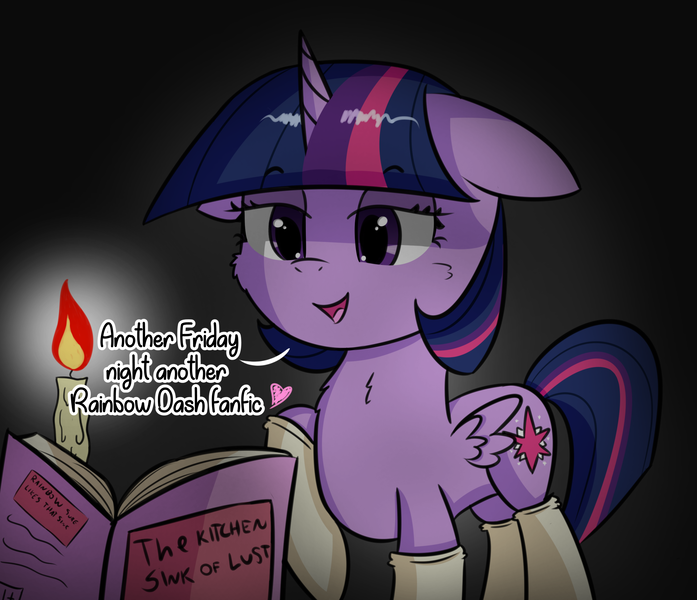 Size: 2224x1914 | Tagged: suggestive, artist:artiks, derpibooru import, rainbow dash, twilight sparkle, twilight sparkle (alicorn), alicorn, pony, fanfic, bedroom eyes, book, candle, cargo ship, clothes, dark, dialogue, female, floppy ears, implied rainbow dash, implied rainbowsink, kitchen sink, mare, rainbowsink, shipping, socks, solo