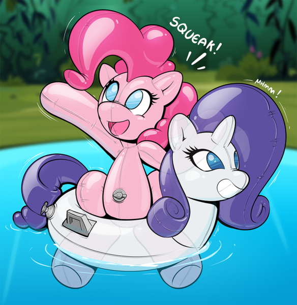 Size: 1052x1080 | Tagged: safe, artist:redflare500, derpibooru import, pinkie pie, rarity, balloon pony, earth pony, inflatable pony, pony, unicorn, air nozzle, floaty, forced smile, inanimate tf, inflatable, inner tube, muffled words, pool toy, smiling, squeak, transformation