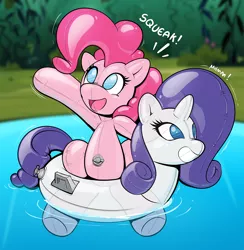 Size: 1052x1080 | Tagged: safe, artist:redflare500, derpibooru import, pinkie pie, rarity, balloon pony, earth pony, inflatable pony, pony, unicorn, air nozzle, floaty, forced smile, inanimate tf, inflatable, inner tube, muffled words, pool toy, smiling, squeak, transformation