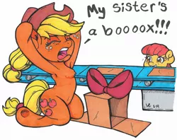 Size: 1850x1464 | Tagged: safe, artist:latecustomer, derpibooru import, apple bloom, applejack, earth pony, pony, armpits, bow, cardboard box, chest fluff, conveyor belt, female, filly, kneeling, mare, prank, siblings, silly, silly pony, simpsons did it, sisters, smiling, the simpsons, traditional art, who's a silly pony, yelling