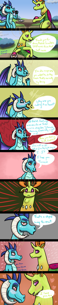 Size: 1200x6238 | Tagged: safe, artist:azurllinate, derpibooru import, princess ember, thorax, changedling, changeling, dragon, admitting feelings, blushing, blushing profusely, bush, changeling x dragon, chewing, closeup on the face, comic, conversation, cupcake, disappointed, dragon lord ember, dragoness, eating, embarrassed, embrax, female, food, heartbeat, interspecies, interspecies love, king thorax, looking at each other, looking away, love, lunch, male, orange eyes, purple eyes, royalty, shipping, sitting, sitting at table, speech, speech bubble, straight, swallowing, talking, talking with your mouth full, walking, yelling