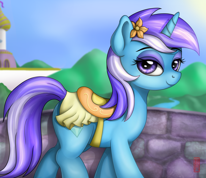 Size: 2640x2285 | Tagged: safe, artist:celsian, derpibooru import, diamond mint, pony, unicorn, background pony, canterlot, clothes, eyeshadow, female, flower, flower in hair, lidded eyes, looking at you, makeup, mare, saddle, signature, smiling, solo, tack