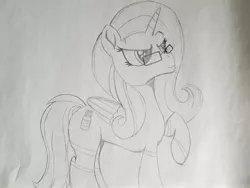 Size: 2016x1512 | Tagged: safe, artist:straighttothepointstudio, derpibooru import, oc, oc:pepto, unofficial characters only, alicorn, pony, black and white, determined, drawing, glasses, grayscale, monochrome, solo, traditional art