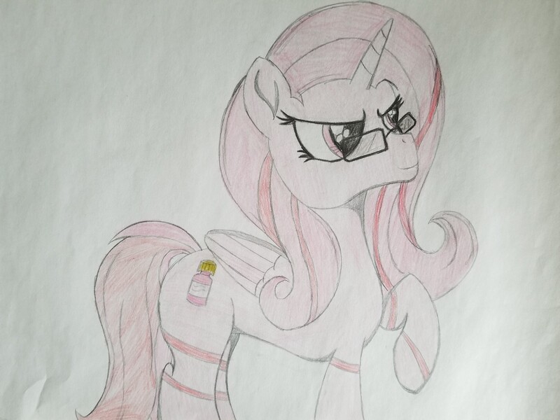 Size: 2016x1512 | Tagged: safe, alternate version, artist:straighttothepointstudio, derpibooru import, oc, oc:pepto, unofficial characters only, alicorn, pony, colored, determined, drawing, glasses, solo, traditional art