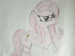 Size: 2016x1512 | Tagged: safe, alternate version, artist:straighttothepointstudio, derpibooru import, oc, oc:pepto, unofficial characters only, alicorn, pony, colored, determined, drawing, glasses, solo, traditional art