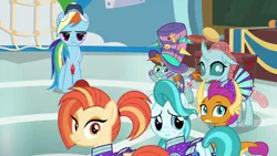 Size: 1280x720 | Tagged: safe, derpibooru import, screencap, lighthoof, ocellus, rainbow dash, shimmy shake, smolder, snips, changedling, changeling, dragon, earth pony, pegasus, pony, unicorn, 2 4 6 greaaat, bucktooth, cheerleader, cheerleader ocellus, cheerleader outfit, cheerleader smolder, clothes, coach, coach rainbow dash, coaching cap, colt, confused, curved horn, cute, diaocelles, dragoness, face paint, female, horn, horns, lightorable, male, mare, narrowed eyes, ponytail, shakeabetes, slit eyes, smolderbetes, teacher and student, teenaged dragon, teenager, upset, whistle, whistle necklace