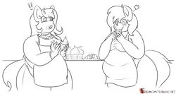 Size: 1285x684 | Tagged: anthro, apron, artist:teabucket, bbw, belly, breasts, chubby, cleavage, clothes, collar, cookie, cow, cow belle, cow pony, cupcake, derpibooru import, eating, fat, fat fetish, female, fetish, food, oc, oc:cinnamon toast, oc:reia hope, patreon, patreon logo, suggestive, sweetie belle, unofficial characters only, weight gain, wingding eyes