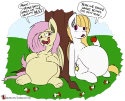 Size: 1312x1064 | Tagged: suggestive, artist:teabucket, deleted from derpibooru, derpibooru import, fluttershy, oc, oc:eventide, bat pony, pegasus, pony, apple, bat ponified, bat pony oc, bat wings, belly, big belly, fat, fattershy, female, flubberbat, flutterbat, food, licking, licking lips, mare, patreon, patreon logo, race swap, stuffed, stuffing, tongue out, wings