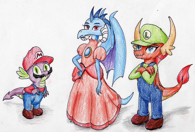 Size: 3230x2190 | Tagged: artist:40kponyguy, clothes, cosplay, costume, crossover, derpibooru import, dragon, dress, facial hair, hat, looking at you, mario & luigi, moustache, princess ember, princess peach, requested art, safe, simple background, smolder, spike, super mario bros., traditional art, white background