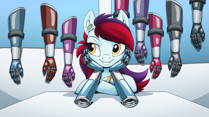 Size: 2560x1440 | Tagged: safe, artist:mysticalpha, derpibooru import, oc, unofficial characters only, pegasus, pony, prosthetics, robot arms, robotics, solo