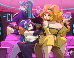 Size: 2429x1917 | Tagged: suggestive, artist:shonuff44, derpibooru import, adagio dazzle, aria blaze, sonata dusk, oc, oc:midnight radiance (sixpathspony), human, equestria girls, adagiance, bedroom eyes, big breasts, blushing, breasts, busty adagio dazzle, busty aria blaze, busty dazzlings, busty sonata dusk, canon x oc, cleavage, clothes, club, drunk, female, high res, huge breasts, humanized, looking at you, looking back, looking back at you, looking over shoulder, lucky bastard, male, ponytail, sexy, stupid sexy adagio dazzle, stupid sexy aria blaze, stupid sexy dazzlings, stupid sexy sonata dusk, the dazzlings, vip room