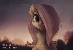 Size: 1600x1100 | Tagged: safe, artist:ventious, derpibooru import, fluttershy, pegasus, pony, dialogue, female, hair over one eye, looking at you, mare, scan lines, scenery, solo, subtitles, timestamp, vhs