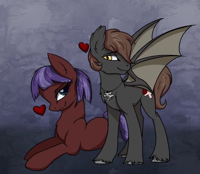 Size: 919x799 | Tagged: safe, artist:lux-arume, derpibooru import, oc, oc:delarexa raecora, oc:gypsy heart, unofficial characters only, bat pony, earth pony, pony, abstract background, base used, female, heart, mare, prone, unshorn fetlocks