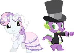 Size: 900x649 | Tagged: artist needed, safe, derpibooru import, spike, sweetie belle, dragon, pony, unicorn, a canterlot wedding, clothes, cute, dress, duo, female, filly, flower, flower in hair, hat, looking at each other, male, raised hoof, simple background, suit, top hat, transparent background, tuxedo, vector