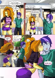 Size: 2480x3507 | Tagged: safe, artist:rambon7, derpibooru import, adagio dazzle, oc, equestria girls, adoragio, arm boob squeeze, arm grab, ass, belly button, blushing, boots, booty shorts, butt, canon x oc, clothes, comic, commission, crossed arms, cute, female, hair tie, jacket, kiss on the cheek, kissing, male, midriff, shoes, shorts, spikes, straight, surprise kiss, thigh boots, thighs, tsundagio, tsundere