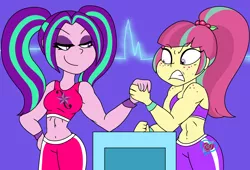 Size: 1410x960 | Tagged: safe, artist:purfectprincessgirl, derpibooru import, aria blaze, sour sweet, equestria girls, aria brute, aria buff, arm wrestling, clothes, female, gritted teeth, muscles, smiling, sour swole, sports bra, sweat