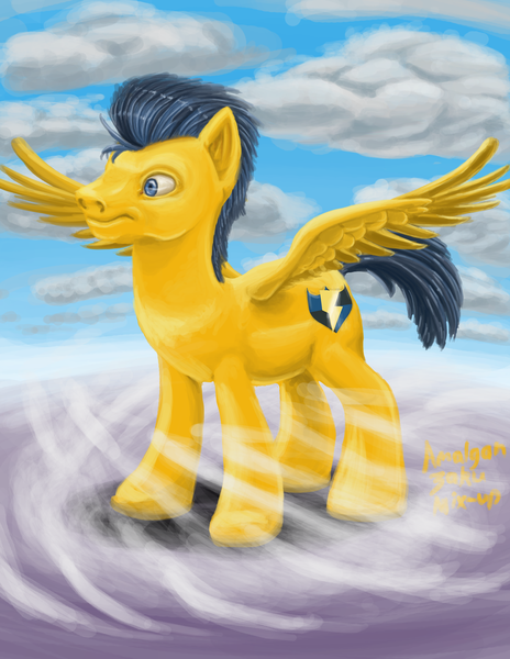 Size: 2153x2786 | Tagged: safe, artist:amalgamzaku, derpibooru import, flash sentry, pegasus, pony, cloud, cutie mark, male, solo, spread wings, stallion, wings