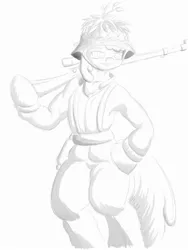 Size: 1800x2400 | Tagged: safe, artist:rockhoppr3, derpibooru import, apple bloom, pony, bipedal, clothes, gun, helmet, monochrome, rifle, sketch, smiling, sniper rifle, solo, uniform, weapon, world war ii