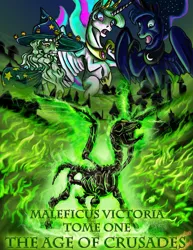 Size: 2153x2786 | Tagged: semi-grimdark, artist:amalgamzaku, derpibooru import, princess celestia, princess luna, star swirl the bearded, alicorn, pony, unicorn, fanfic:maleficus victoria, bone, ethereal mane, fanfic art, female, fire, green fire, jewelry, male, mare, open mouth, regalia, shocked, sitting, skeleton, stallion, starry mane