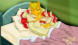 Size: 3221x1862 | Tagged: suggestive, artist:amalgamzaku, derpibooru import, applejack, flam, flim, earth pony, pony, unicorn, bed, bisexual, blushing, cuddling, eyes closed, female, flamjack, flim flam brothers, flimflamjack, flimjack, gay, group sex, incest, lidded eyes, male, mare, missing accessory, mmf threesome, on bed, one eye closed, open mouth, pillow, polyamory, request, sex, shipping, stallion, straight, threesome, toothpick