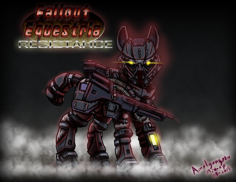 Size: 2786x2153 | Tagged: safe, artist:amalgamzaku, derpibooru import, oc, unofficial characters only, earth pony, pony, fallout equestria, fanfic, abstract background, armor, fallout equestria: resistance, fanfic art, fanfic cover, glowing eyes, gun, hooves, looking at you, power armor, solo, steel ranger, weapon