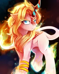 Size: 1000x1250 | Tagged: artist:lostdreamm, derpibooru import, fire, frown, glowing horn, horn, kirin, mid-transformation, safe, solo