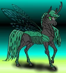 Size: 2045x2278 | Tagged: artist:amalgamzaku, changeling, changeling oc, changeling queen, changeling queen oc, commission, derpibooru import, eyeshadow, female, gradient background, green changeling, lidded eyes, makeup, not chrysalis, oc, raised hoof, realistic horse legs, safe, solo, spread wings, unofficial characters only, wings