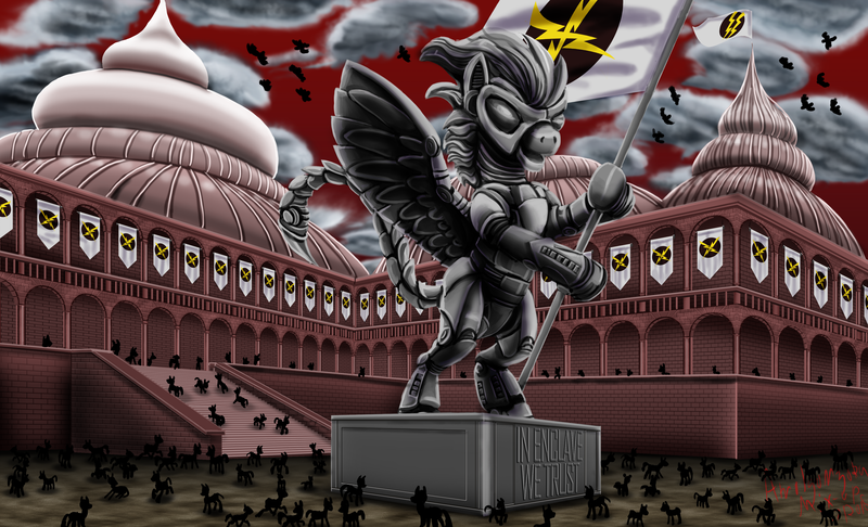 Size: 3143x1908 | Tagged: safe, artist:amalgamzaku, derpibooru import, pegasus, pony, fallout equestria, architecture, armor, augmented tail, banner, building, capitol, commission, dome, enclave, fanfic art, flag, grand pegasus enclave, helmet, hoof hold, lore, nazi symbolism, power armor, spread wings, statue, wings, worldbuilding