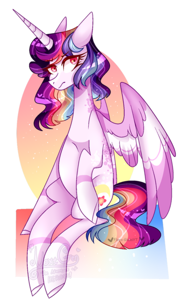 Size: 689x1159 | Tagged: safe, artist:manella-art, derpibooru import, oc, oc:sunny moonlight, alicorn, pony, female, implied princess twilight, magical lesbian spawn, mare, offspring, parent:rainbow dash, parent:twilight sparkle, parents:twidash, pregnant, solo