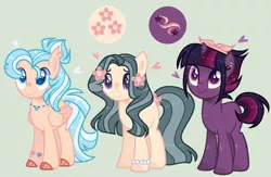 Size: 1036x676 | Tagged: safe, artist:nocturnal-moonlight, derpibooru import, oc, oc:aqua tide, oc:northern star, oc:willow blossom, unofficial characters only, earth pony, hybrid, pegasus, pony, unicorn, base used, blushing, cloven hooves, female, flower, flower in hair, interspecies offspring, magical lesbian spawn, mare, offspring, parent:fluttershy, parent:marble pie, parent:pinkie pie, parent:princess skystar, parent:tempest shadow, parent:twilight sparkle, parents:marbleshy, parents:skypie, parents:tempestlight, simple background, trio