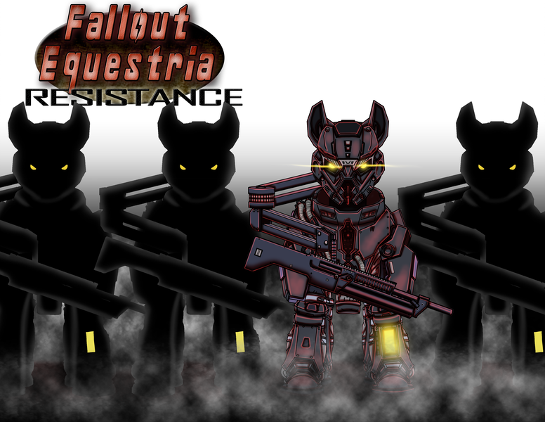 Size: 2786x2153 | Tagged: safe, artist:amalgamzaku, derpibooru import, oc, unofficial characters only, earth pony, pony, fallout equestria, fanfic, abstract background, armor, commission, fallout equestria: resistance, fanfic art, glowing eyes, gun, hooves, looking at you, power armor, silhouette, steel ranger, weapon