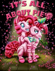 Size: 2153x2786 | Tagged: safe, artist:amalgamzaku, derpibooru import, pinkie pie, earth pony, pony, unicorn, fanfic, bowtie, bubble berry, fanfic art, fanfic cover, female, freckles, grammar error, hat, male, mare, party hat, party whistle, r63 paradox, rule 63, sitting, smiling, stallion, unamused